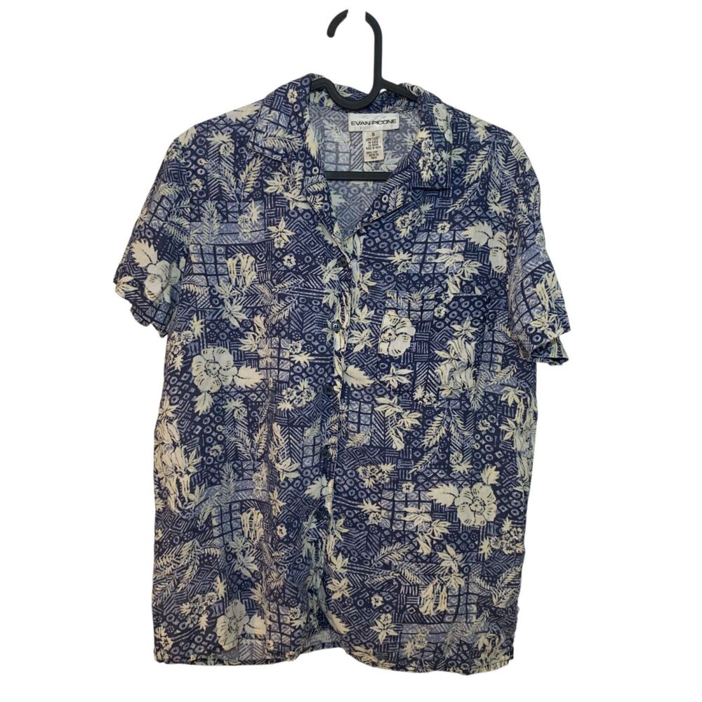 Evan Picone Womens Blue Floral Linen Camp Shirt S Beach Vacation Resort Boho